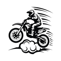 Silhouette of Motorcross Rider Jumping Through Clouds with Speed Lines on White Background