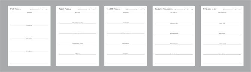 Generic Planning Pages and Planner Sheets Design Template for daily, weekly, and monthly organization for organizing daily routines and personal goals Set of 5 Pages