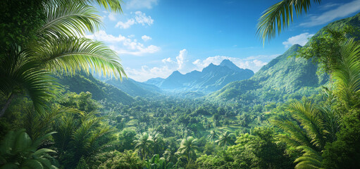 Lush green jungle landscape with clear blue sky and distant mountains, creating serene and vibrant atmosphere. scene is filled with dense foliage and tropical plants © mingnimit