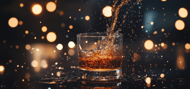 stream of whiskey is being poured into shot glass, creating splash against backdrop of warm, glowing bokeh lights. scene conveys sense of celebration and warmth