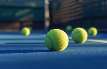 Tennis Balls on Blue Court Ready for Play or Training Session