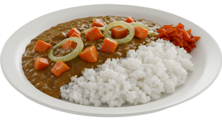 Delicious curry and rice presentation with colorful garnishes