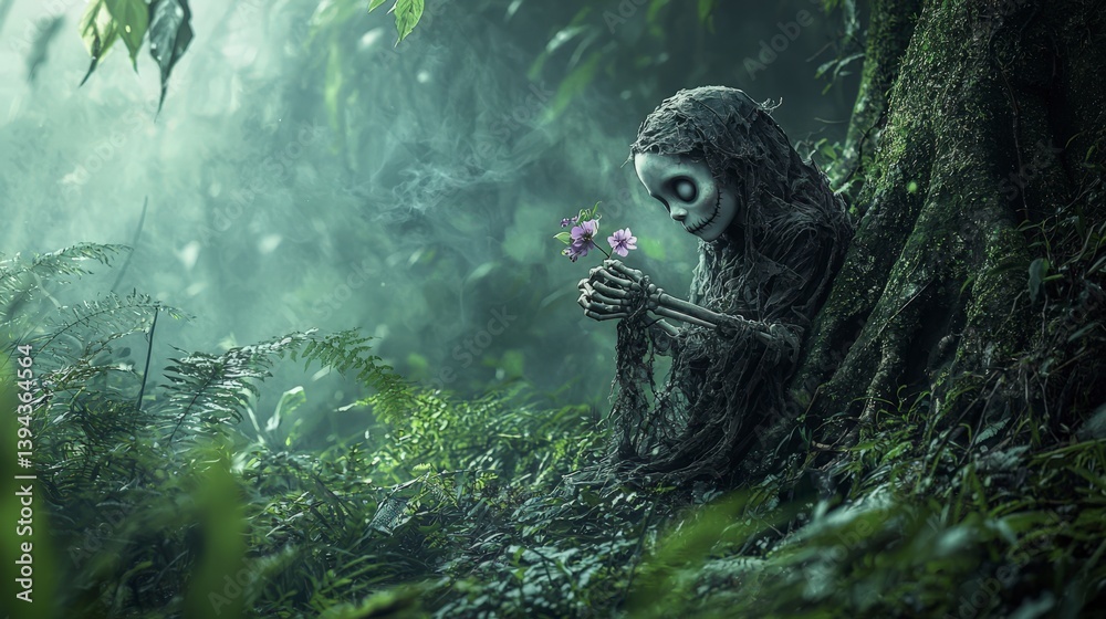 Poster mysterious skeleton gardener enchanted forest digital art surreal atmosphere close-up view nature's 