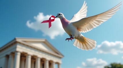 Dove carrying symbolic ribbon law day celebration historic courthouse bright sky inspirational message