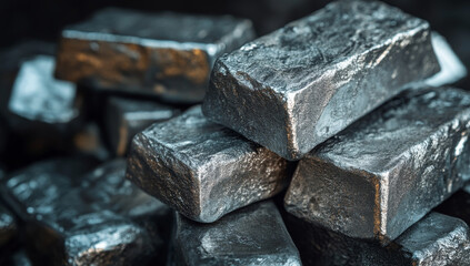 pile of shiny silver ingots is stacked on dark background, showcasing their metallic texture and reflective surface. close up view highlights ingots smooth edges and industrial feel