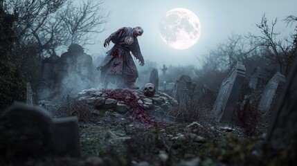 Obraz premium Mysterious zombie rising from grave in misty chinese cemetery at night haunting scene eerie atmosphere