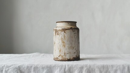 Old white ceramic jar on a simple table with a textured cloth in a softly lit indoor setting
