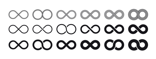 Infinity symbols collection, black vector illustrations on white background. Perfect for logo design, branding, and mathematical representation. Various styles, from classic to artistic, vector