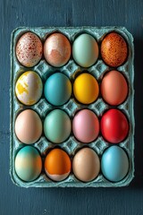 Naturally dyed easter eggs displayed in turquoise carton spring colors