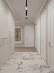 Modern contemporary entrance hall in beige color with console table, comfortable sitting and warm lighting   