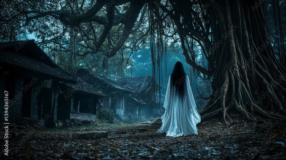 Poster mystical encounter with a ghostly figure in an abandoned village enchanted forest photo dark atmosph
