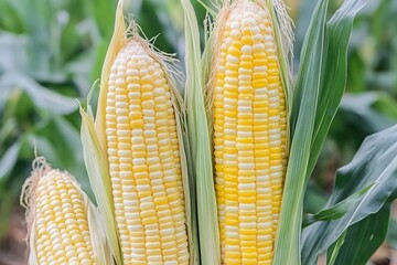 Closeup of Three Ripe Yellow Corn Cobs in a Lush Green Field