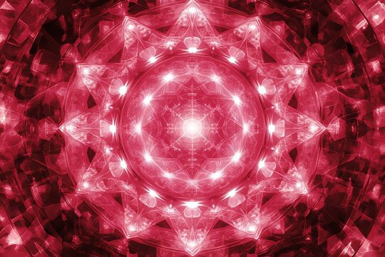 Mystical crimson kaleidoscope with glowing geometric formations