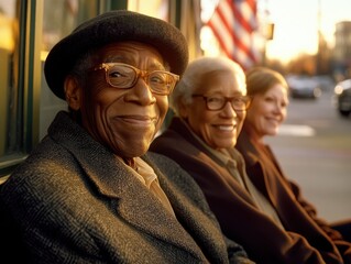 Fototapeta premium Smiling Senior People Enjoying Sunlight Sitting Outside with American Flag in Background Warm Tone Showing Friendship and Happy Retirement in City Street