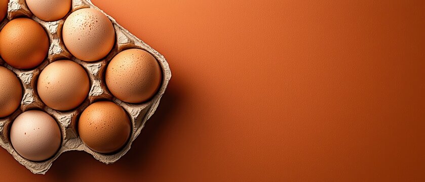 Six brown eggs nestled in carton against warm terracotta backdrop for national egg day