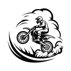 Motocross Rider, OffRoading Dirt Bike, Jumps in the Air, Black and White