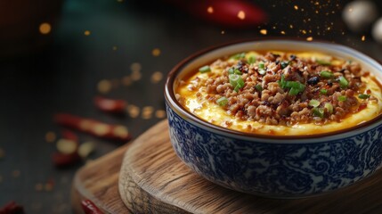 A close-up of steamed egg custard with minced pork and a sprinkle of spring onions, served in a ceramic bowl on a wooden board for a simple yet elegant presentation.