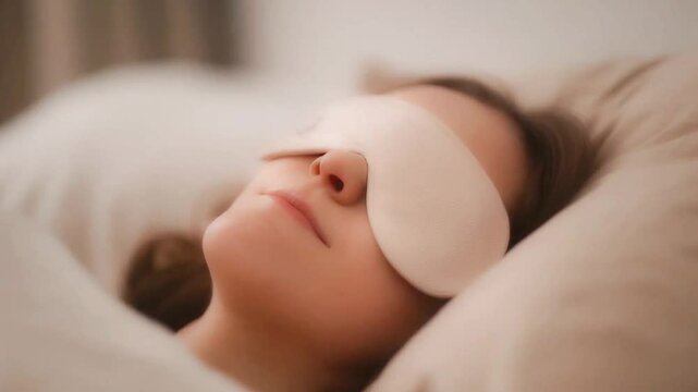 Woman sleeping peacefully with eye mask in cozy bed. Relaxing bedtime routine video, sleep aid visuals for deep rest, comfort, night calmness, and mental relaxation background