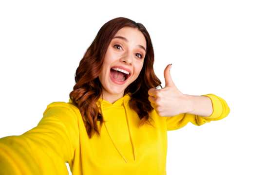 Photo of wavy curly white cheerful charming fascinating youngster showing you thumb up screaming overjoyed taking selfie isolated over turquoise vivid color background