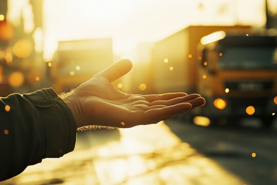 Sunlit Hand Reaching Out with Bokeh and Blurry Trucks in a Golden Cityscape A warm golden light illuminates a hand outstretched with bokeh effects and blurred yellow trucks creating an urban scene