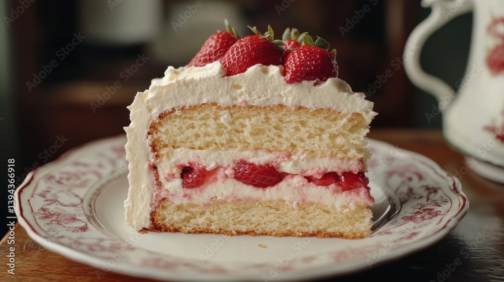 Poster a close-up shot of a slice of vanilla cake layered with cream and strawberries, revealing its moist 