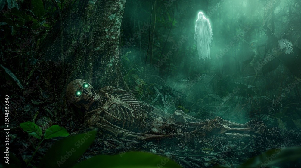 Poster ghostly encounter in dense indian jungle skeleton discovery haunting atmosphere mysterious environme