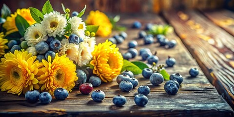 Rustic Charm Delightful Yellow and White Flowers with Blueberries on a Wooden Surface A Stunning Still Life Arrangement