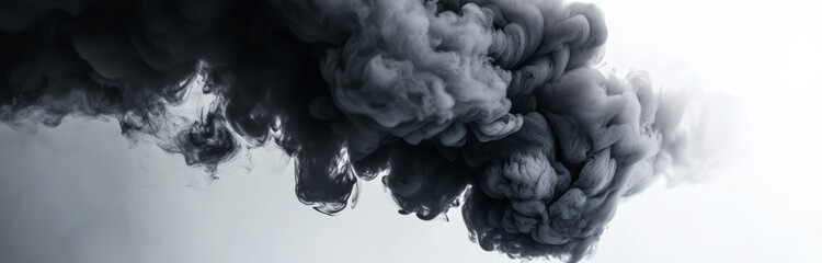 Dark, swirling black smoke billows against stark white background, creating dramatic and abstract visual effect. contrast highlights intricate patterns and textures