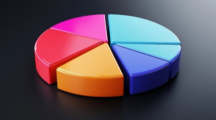 Obraz premium A close-up view of a D pie chart with distinct segments, showcasing data distribution in bright colors, highlighted by reflections and shadows for depth.