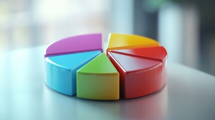 Obraz premium A close-up view of a D pie chart with distinct segments, showcasing data distribution in bright colors, highlighted by reflections and shadows for depth.