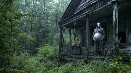 Eerie meeting with a mysterious figure at a dim house in the forest - haunting atmospheric photography