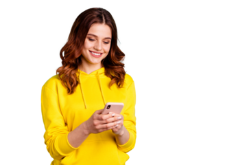 Photo of cute pretty charming nice girlfriend browsing through her telephone wearing yellow sweater isolated over turquoise vivid color background