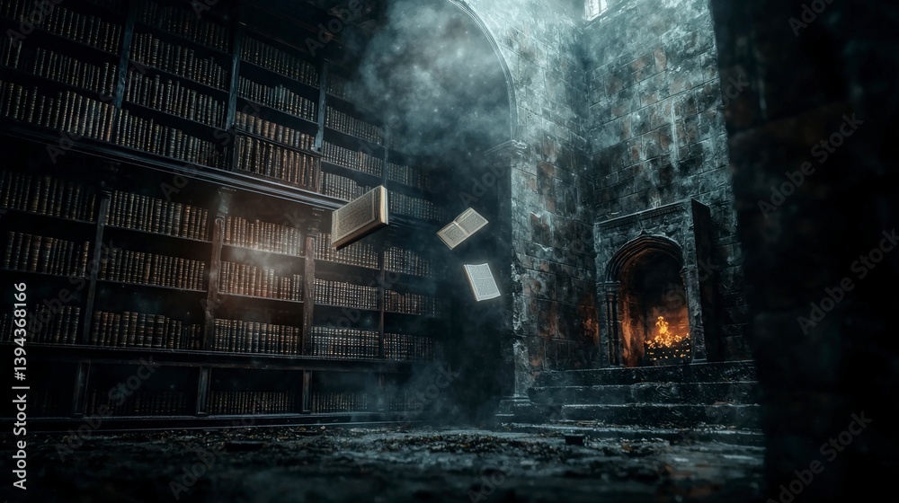 Poster mysterious books flying in a haunted european library enigmatic atmosphere dark fantasy captivating 