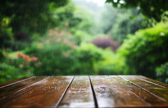 wooden table glistens with raindrops in lush, blurred garden setting, evoking serene and refreshing atmosphere. greenery in background enhances tranquil scene