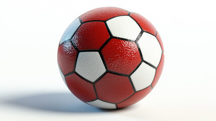 Fototapeta premium Bright red and white soccer ball resting on a smooth surface highlighting its hexagonal design during a summer afternoon