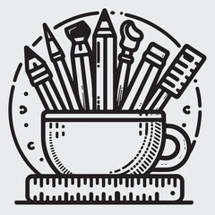 Stationery line and glyph icon. Drawing tools in cup vector illustration