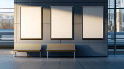 Mockup posters in modern subway station interior with natural daylight for advertising display.
