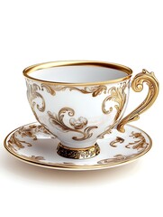 Golden Cup with Saucer: An exquisite, ornate teacup and saucer, with a rich gold design, sit delicately, evoking a sense of luxury, elegance and high-class living. 