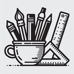 Stationery line and glyph icon. Drawing tools in cup vector illustration