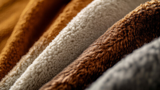 close up of carpet samples in various colors and textures, showcasing range of warm and neutral tones. image highlights soft, plush surface of materials