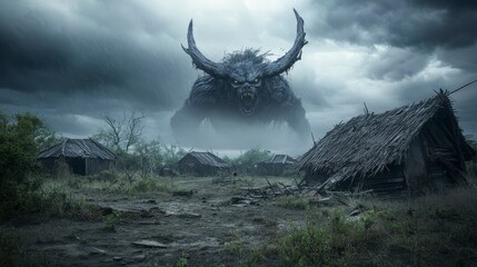 Fototapeta premium Epic battle with enormous beast in a desolate village fantasy landscape dramatic atmosphere aerial view