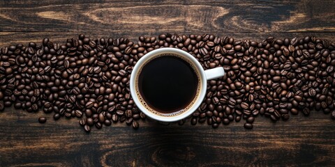 Naklejka premium Aromatic Coffee in White Cup on Rustic Wooden Table with Freshly Roasted Coffee Beans, Top View