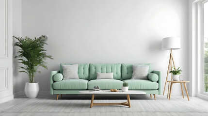 A very Modern living room interior with mint green sofa on the white wall in living room- 3D rendering