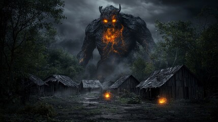Eerie battle against a giant monster in a forsaken village dark fantasy scene dismal atmosphere dramatic perspective