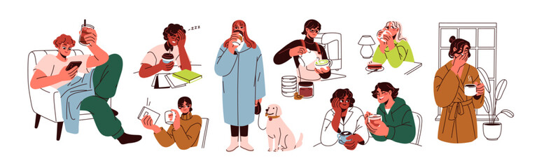 Drinking coffee, tea. People holding takeaway paper cup, glass, mug with cold and hot beverages. Coffeeshop time and sleepy home morning. Flat vector illustration isolated on white background