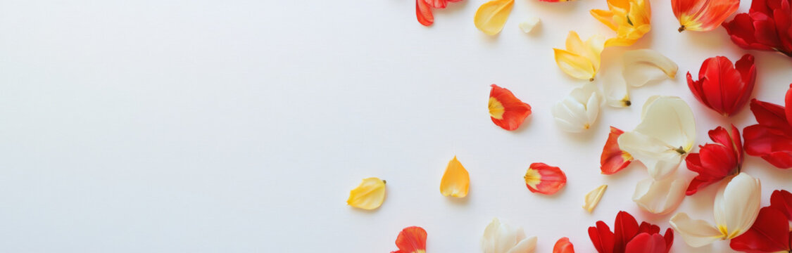 scattered arrangement of red, yellow, and white tulip petals creates vibrant and artistic display on white background, evoking sense of springtime beauty and freshness