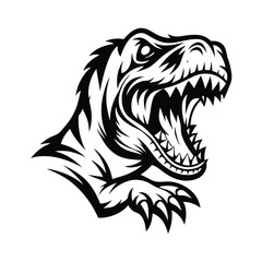 Black and White TRex Head. Aggressive Roaring Dinosaur Silhouette. Isolated Logo. 88 © Shipon