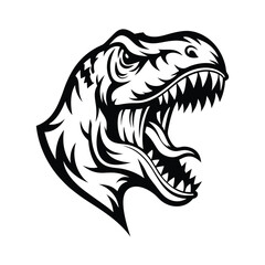 Black and White Roaring Dinosaur Head with Open Mouth and Sharp Teeth Icon Design © Shipon
