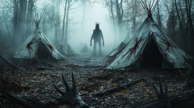 Mysterious encounter at abandoned native american camp forested area digital art foggy atmosphere eerie perspective