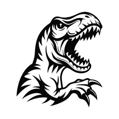 Roaring Tyrannosaurus Rex Dinosaur Profile, Open Mouth with Sharp Teeth, Black and White Icon